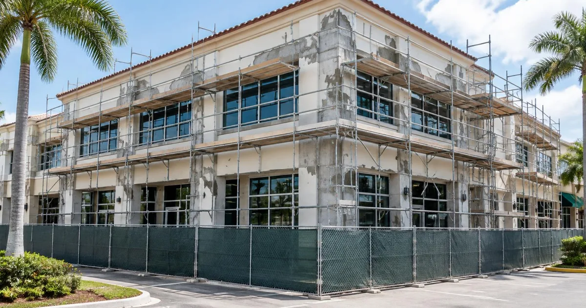 A South Florida commercial building undergoing concrete spalling repairs and structural restoration surrounded by scaffolding.