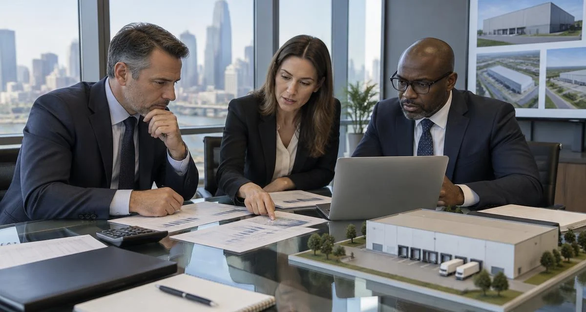 Commercial real estate finance executives analyzing underwriting metrics and debt yield calculations in a corporate boardroom.