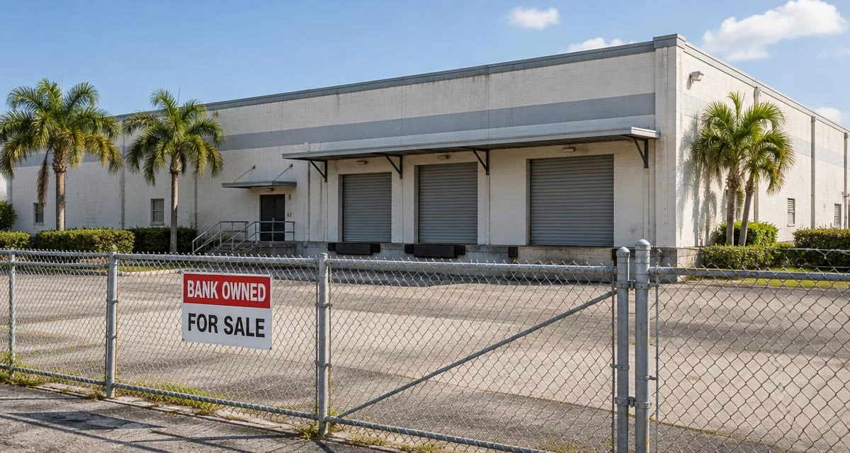 A South Florida commercial property with a bank owned foreclosure sign on the chain link fence.