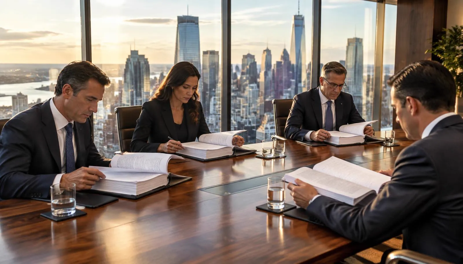 Commercial real estate sponsors reviewing complex non recourse loan documents and bad boy carve out guarantees in a corporate boardroom.