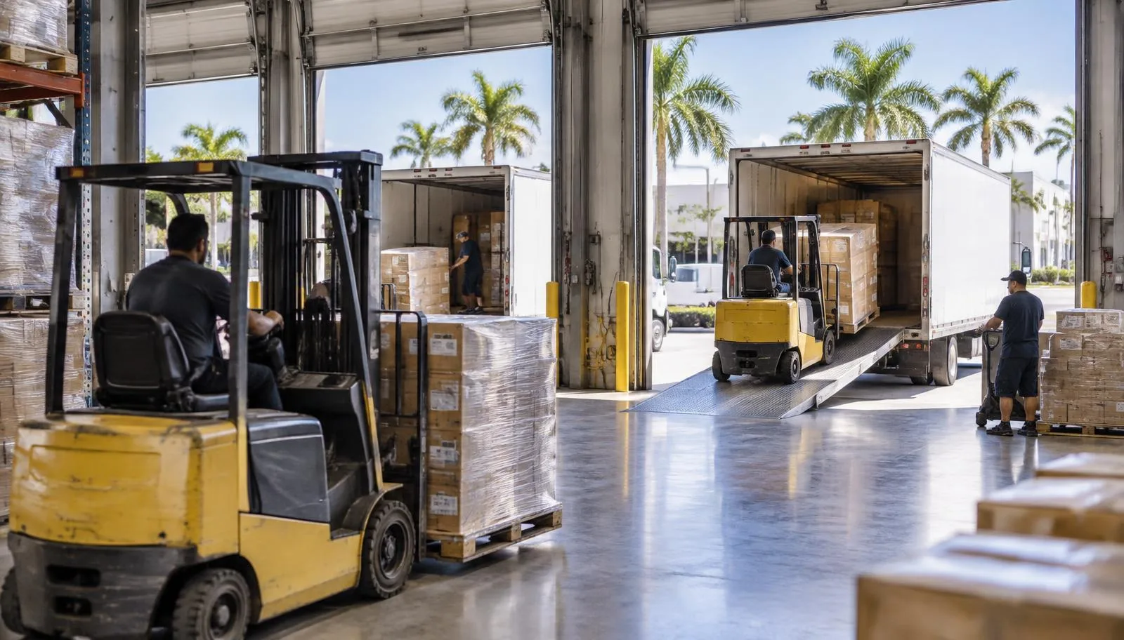 A busy South Florida industrial warehouse with forklifts moving inventory into delivery trucks.