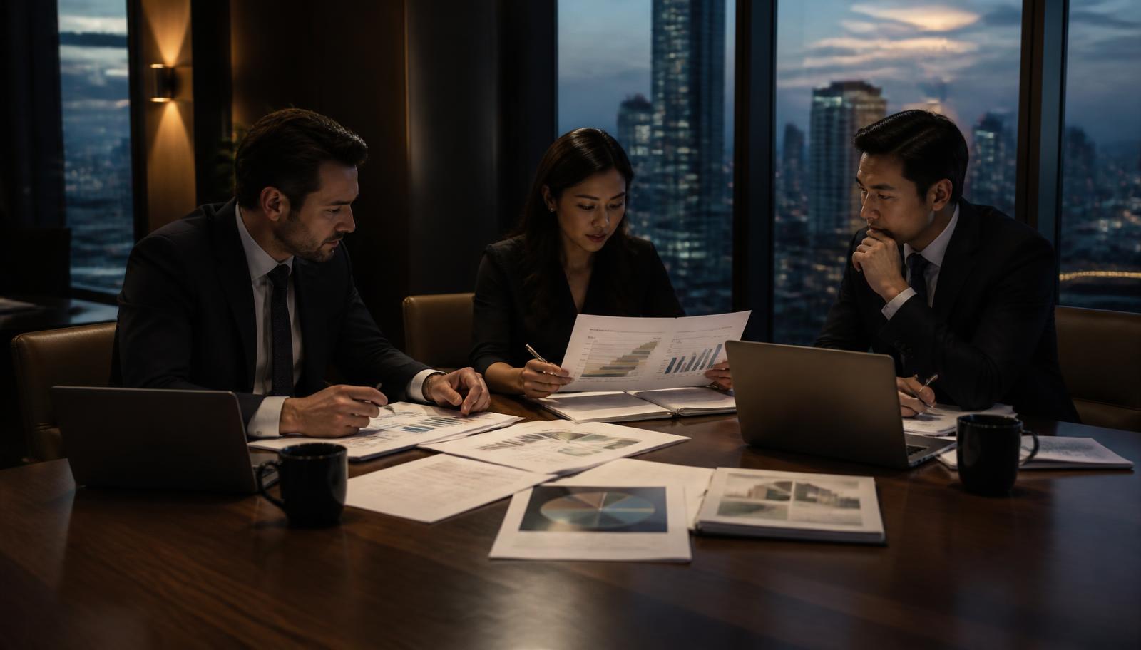 A commercial real estate underwriting team analyzing a capital stack distribution waterfall and equity waterfall diagram at a desk.