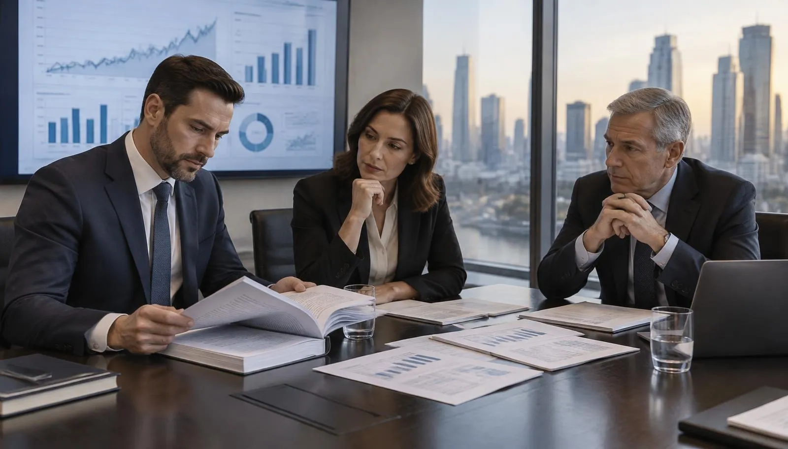 Corporate executives reviewing complex CMBS loan assumption documents and financial charts in a boardroom.
