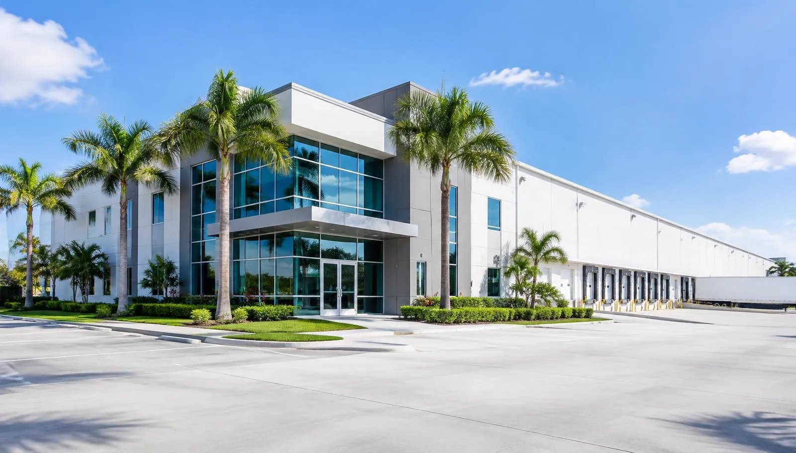 A South Florida commercial industrial warehouse with a corporate office entrance representing a business headquarters.