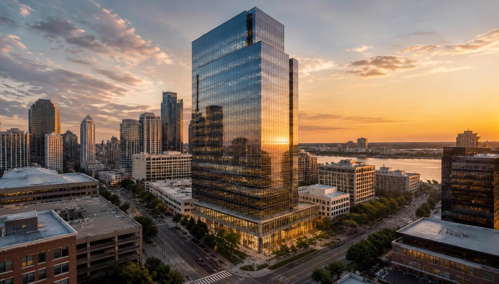 A modern high rise commercial office building constructed on leased land surrounded by dense urban infrastructure.