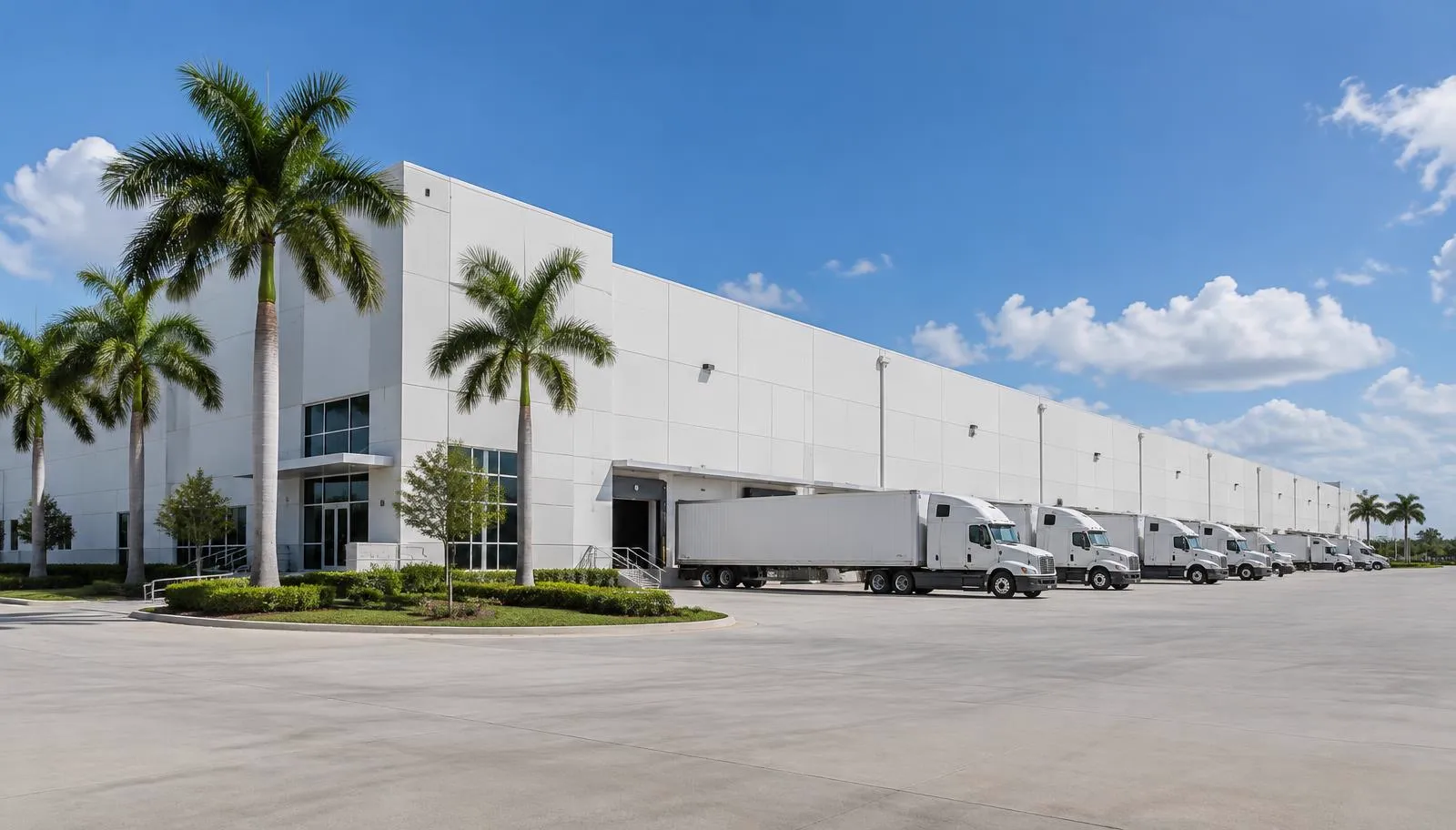 A South Florida industrial distribution warehouse with a fleet of commercial trucks parked at the loading docks.