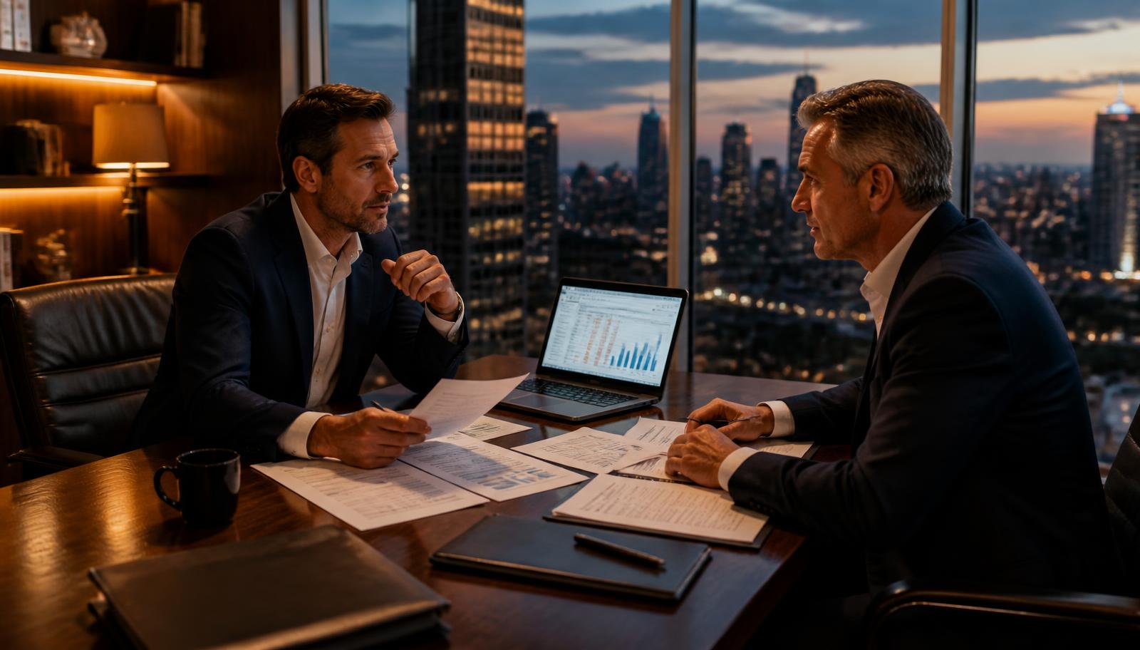 A commercial real estate borrower and lender reviewing loan documents, debt service coverage ratio formulas, and CMBS financing packages at a desk.