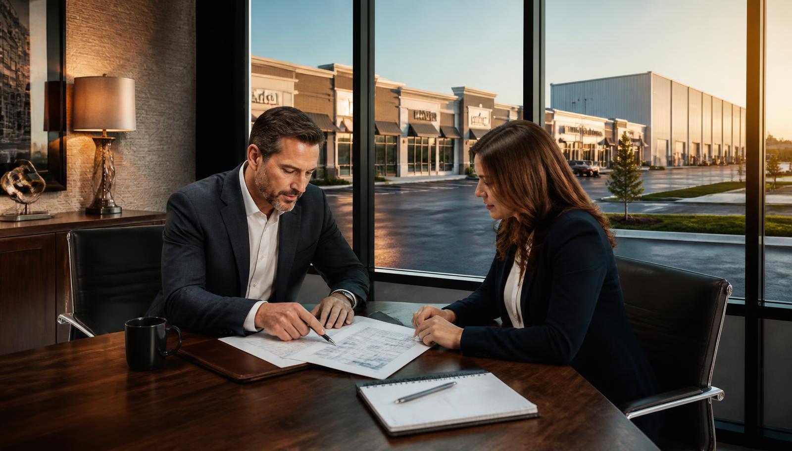 A commercial real estate landlord and tenant reviewing a Triple Net (NNN) commercial lease agreement highlighting CAM charges and property tax allocations.
