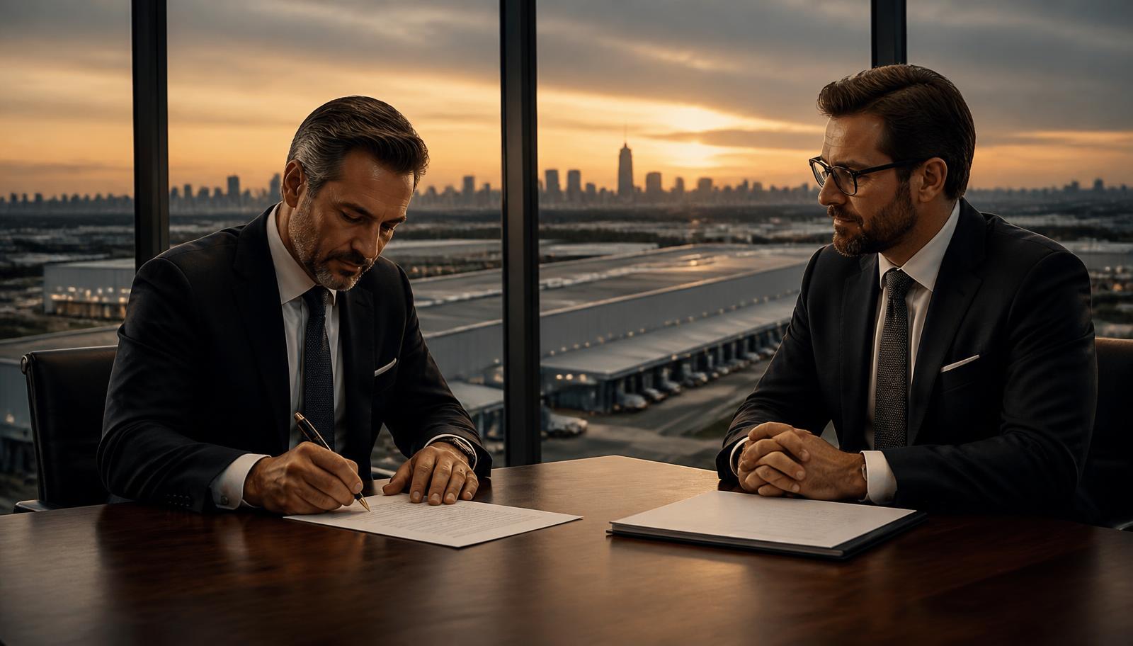 Corporate executive and commercial real estate investor signing a long-term sale-leaseback agreement at a conference table.