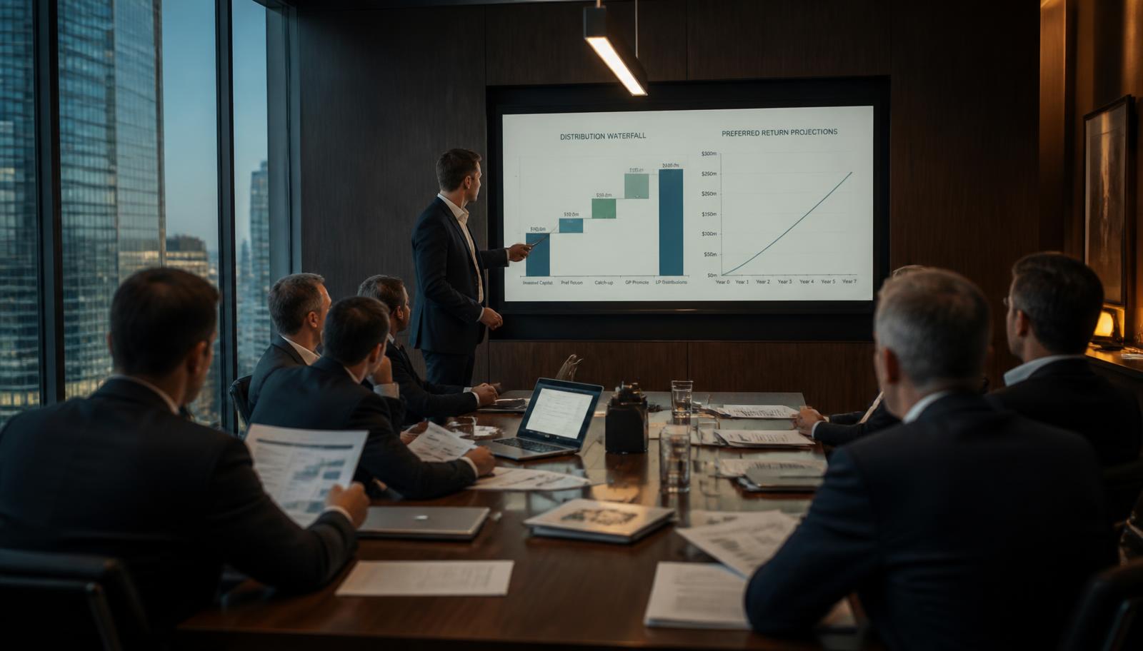A commercial real estate General Partner presenting a syndication waterfall model and preferred return projections to Limited Partner investors in a boardroom.
