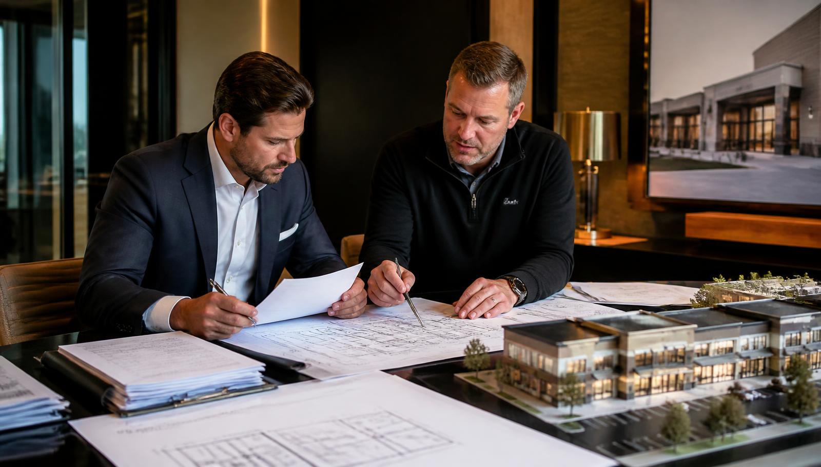 A commercial real estate investor and a tax engineer reviewing a cost segregation study and bonus depreciation schedules on a desk.