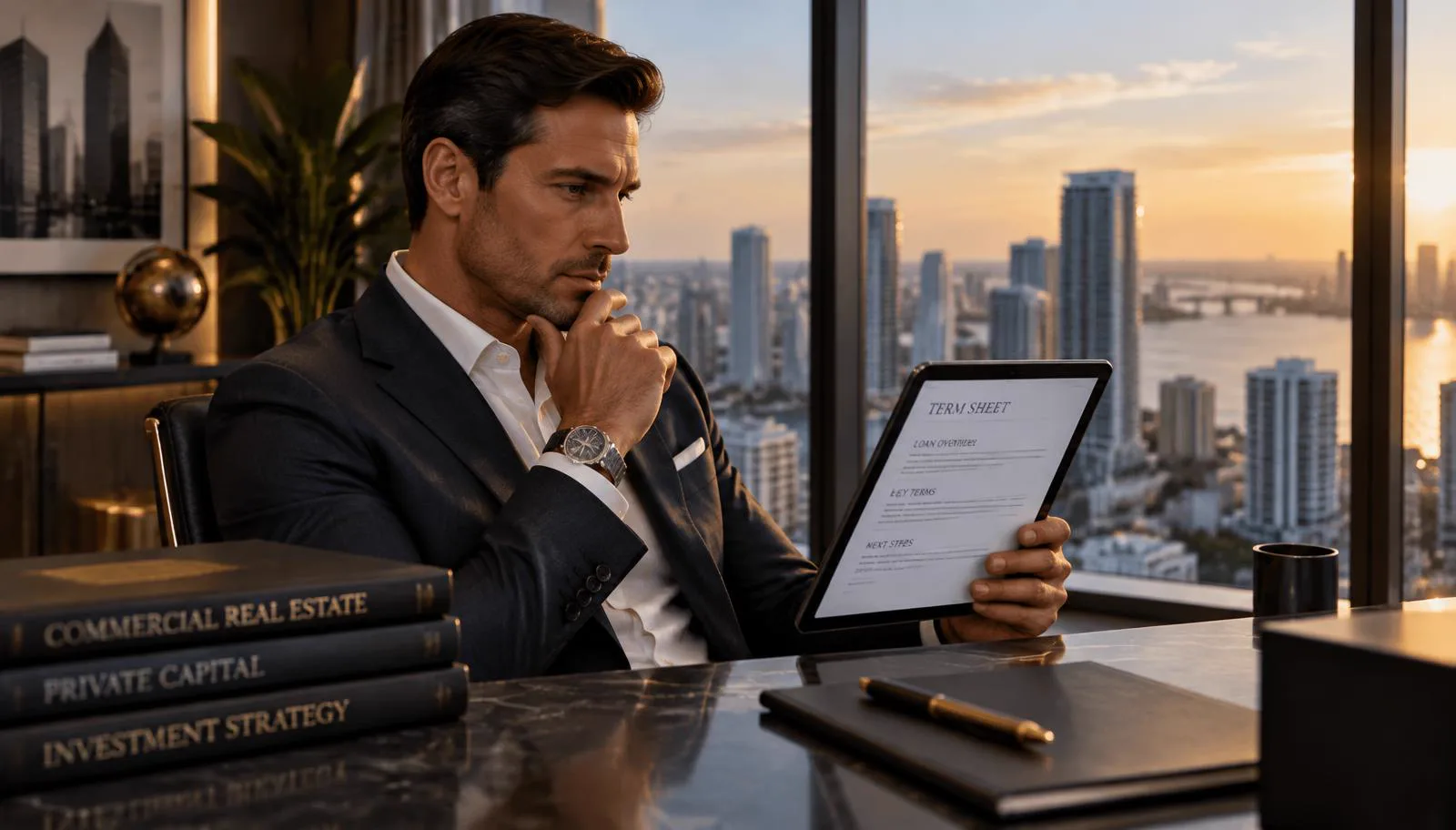 A South Florida commercial property investor reviewing private capital term sheets and loan documents on a tablet.