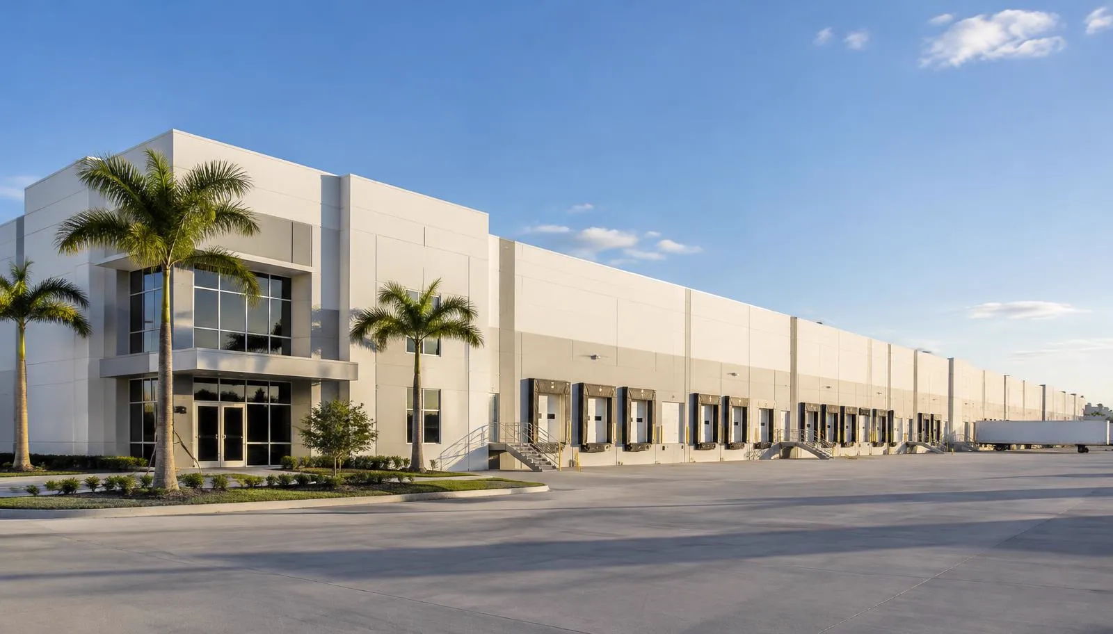 A modern tilt wall industrial warehouse in South Florida with loading docks and palm trees in the parking lot.
