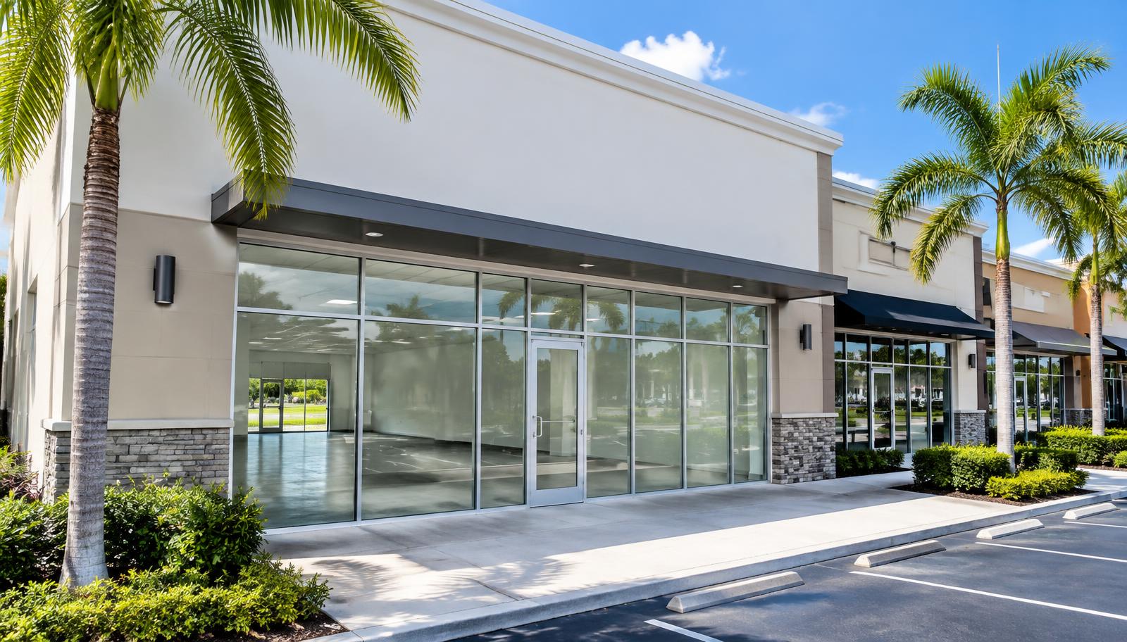 A vacant South Florida commercial retail storefront building with glass windows and no active tenant.