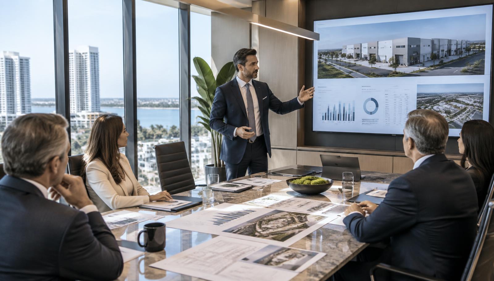 A commercial real estate syndicator presenting a capital raising pitch deck to private equity investors in a modern boardroom.