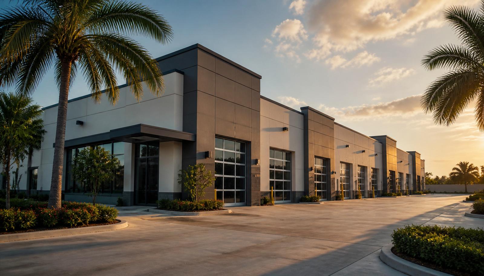 Modern multi-bay automotive commercial property with roll-up service doors and clean drive aisles in South Florida.
