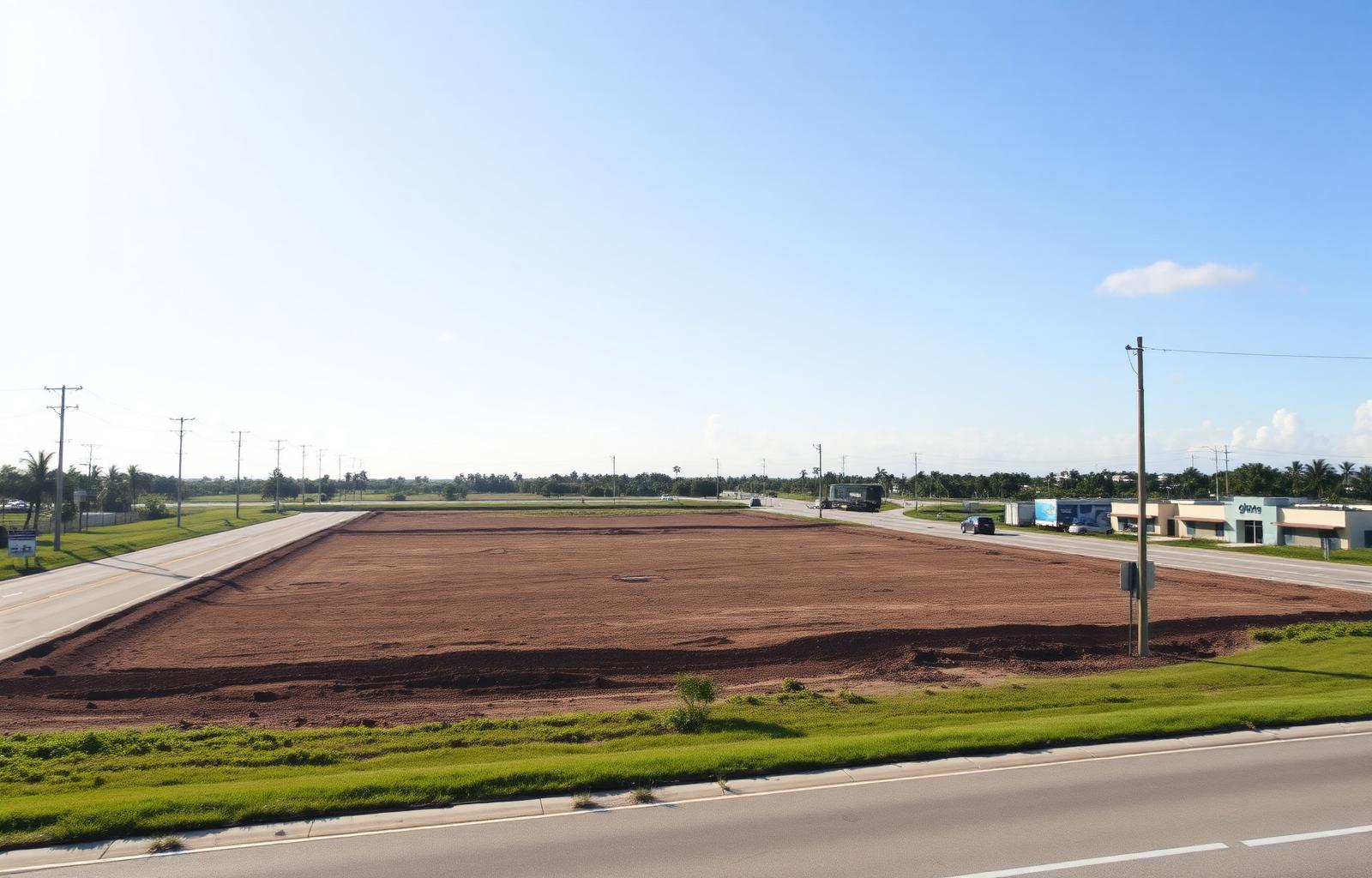 A wide view of a prime vacant commercial land parcel in South Florida situated next to an active municipal roadway, ready for real estate development.