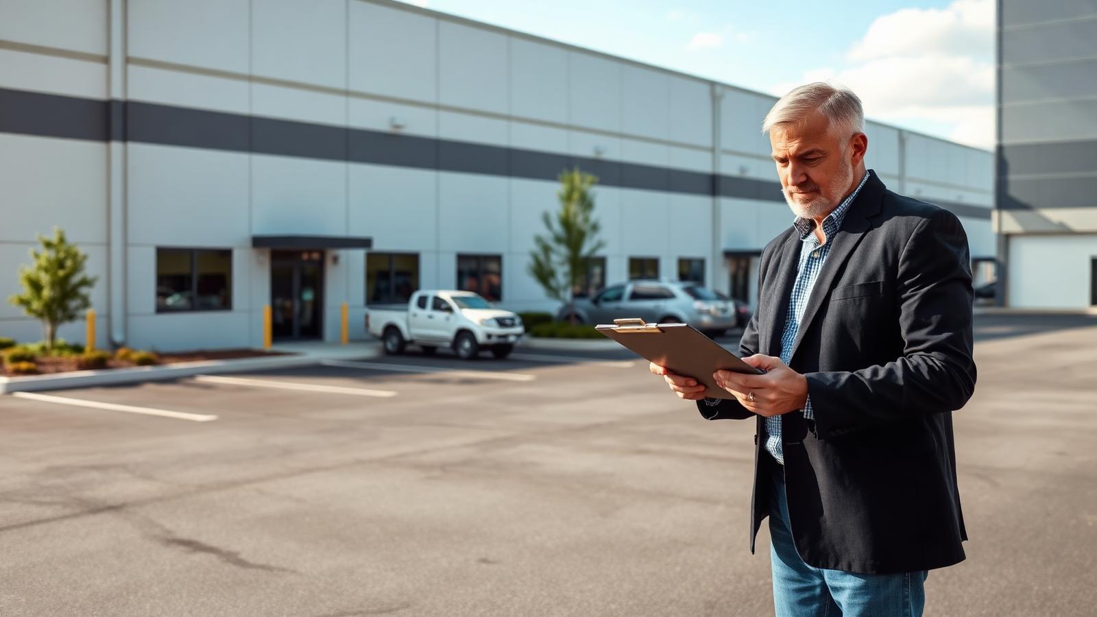 Two commercial real estate investors standing at a property site while analyzing a due diligence checklist and underwriting information on a clipboard.