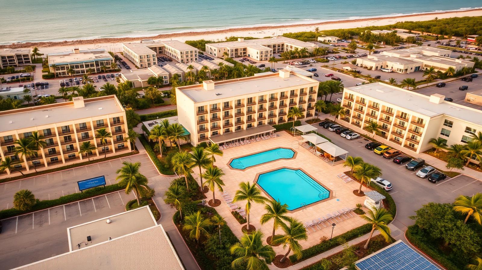 Florida hotel property with guest-room buildings, a swimming pool, palm trees, and surrounding commercial land.