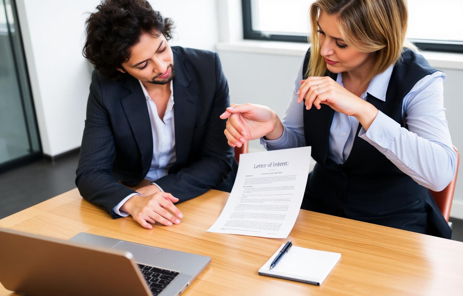 Commercial real estate professionals reviewing an LOI document before a purchase agreement.