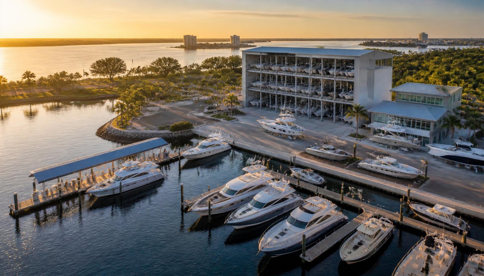 Aerial view of a South Florida marina with luxury yacht wet slips, a modern dry stack storage building, and a marine fuel dock.