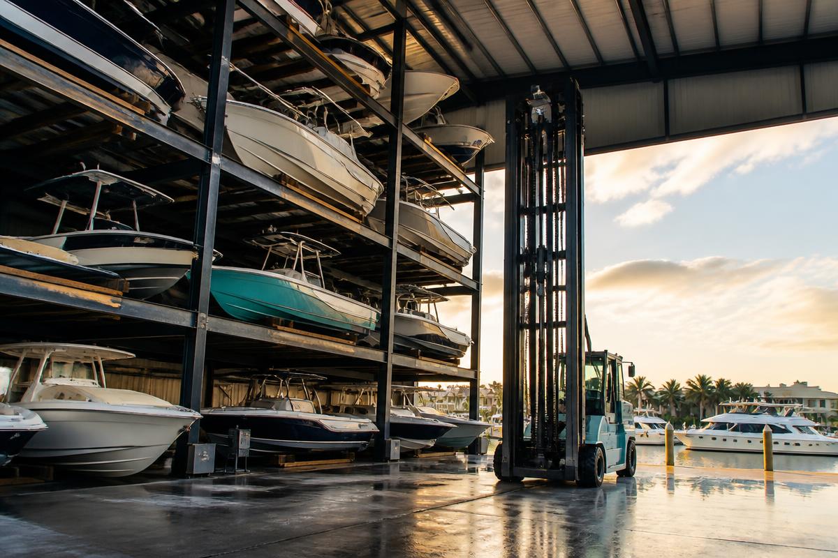 Modern dry stack boat storage racks and marina forklift beside South Florida wet slips.
