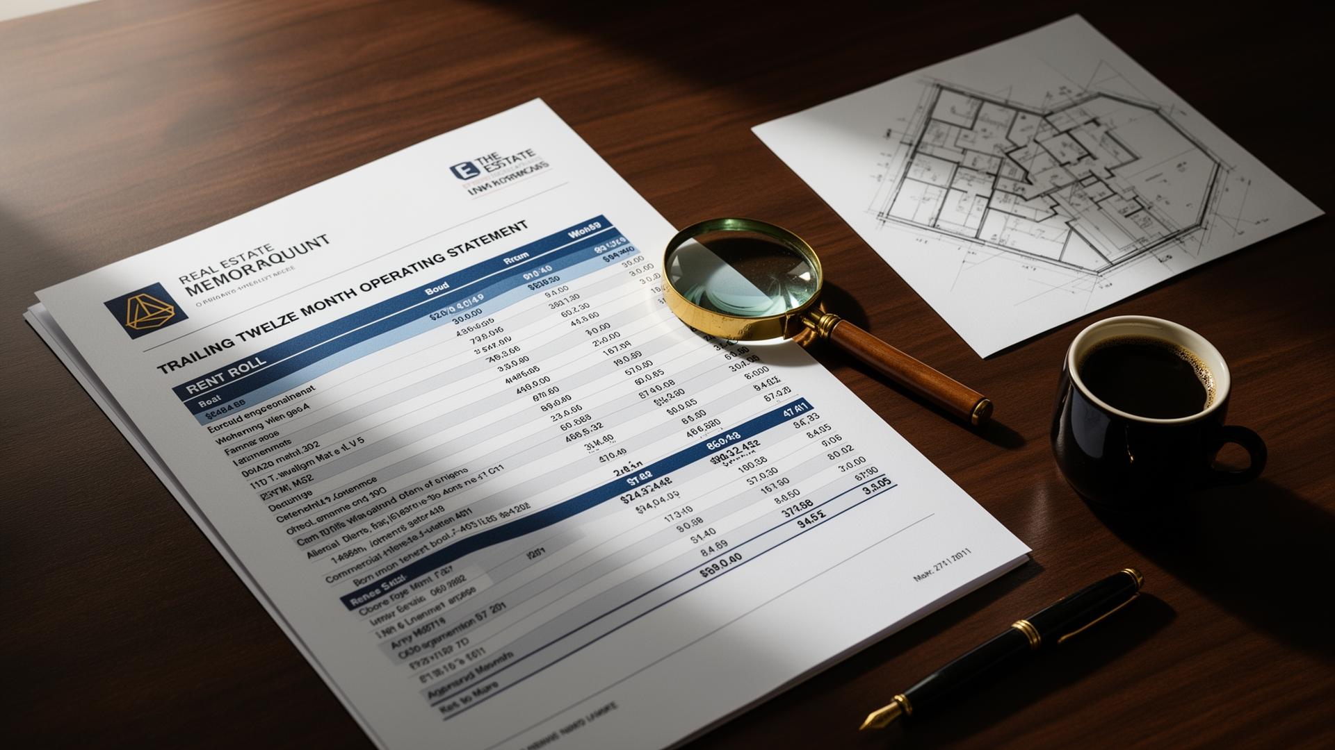 Open commercial real estate offering memorandum showing a rent roll and trailing twelve month operating statement with a magnifying glass and site plan