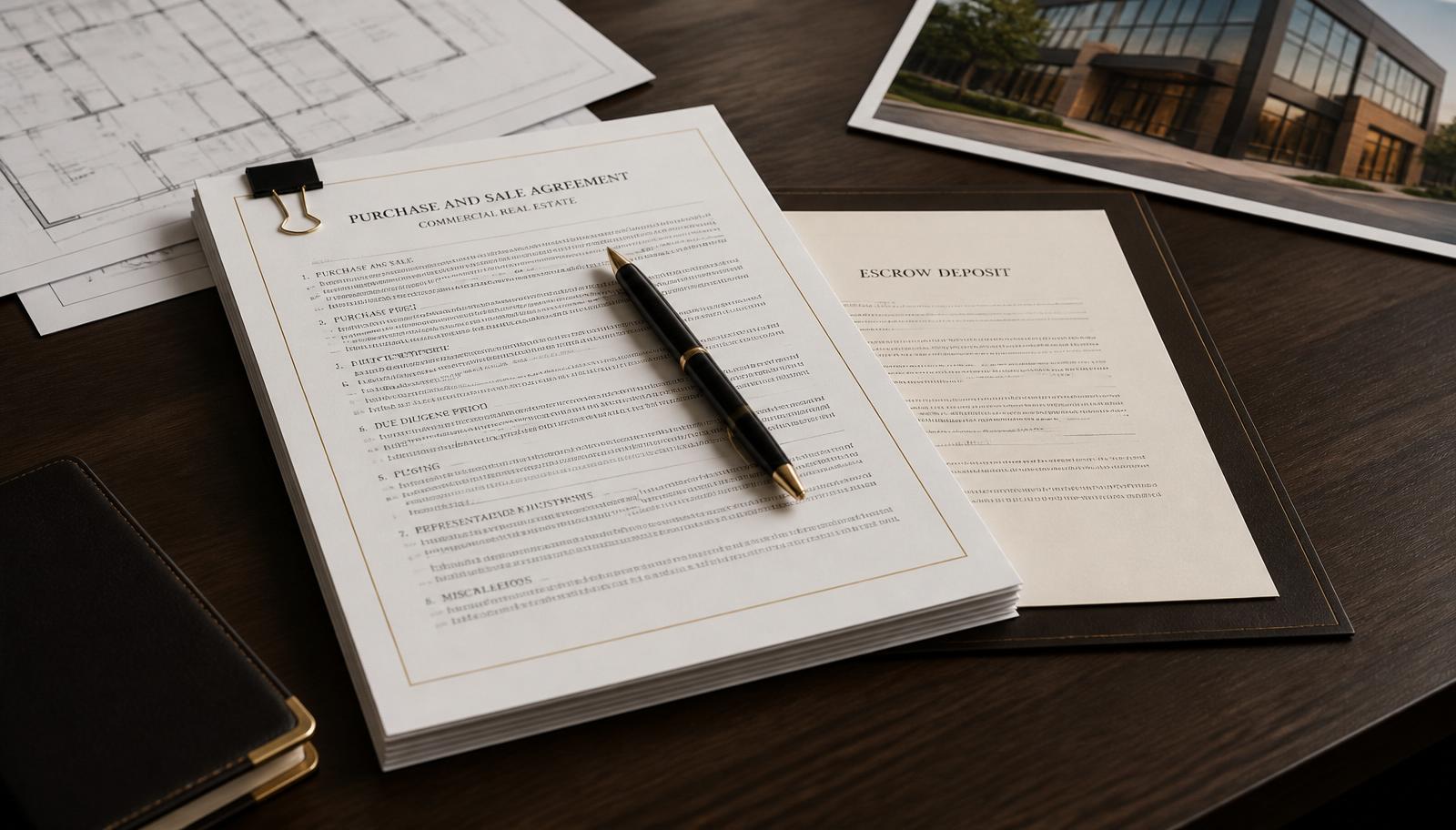 Executed commercial real estate purchase and sale agreement beside an escrow document, architectural floor plans, and a signing pen.