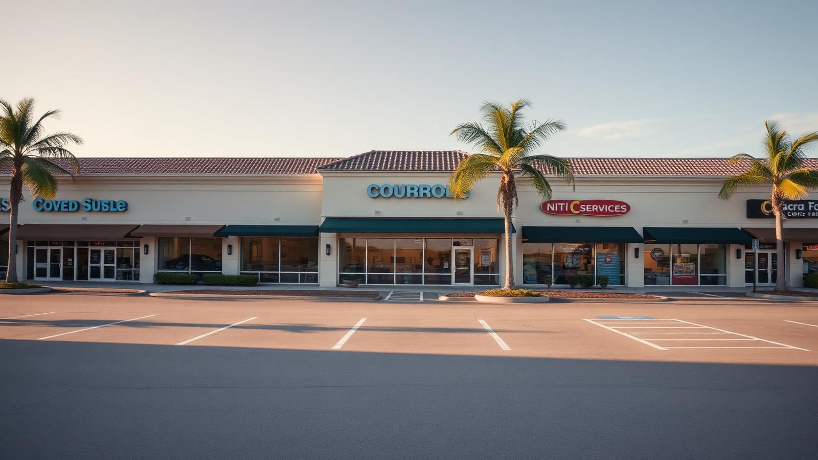 A wide exterior view of a fully occupied neighborhood retail strip center in South Florida featuring a clean parking lot and diverse local service tenants.