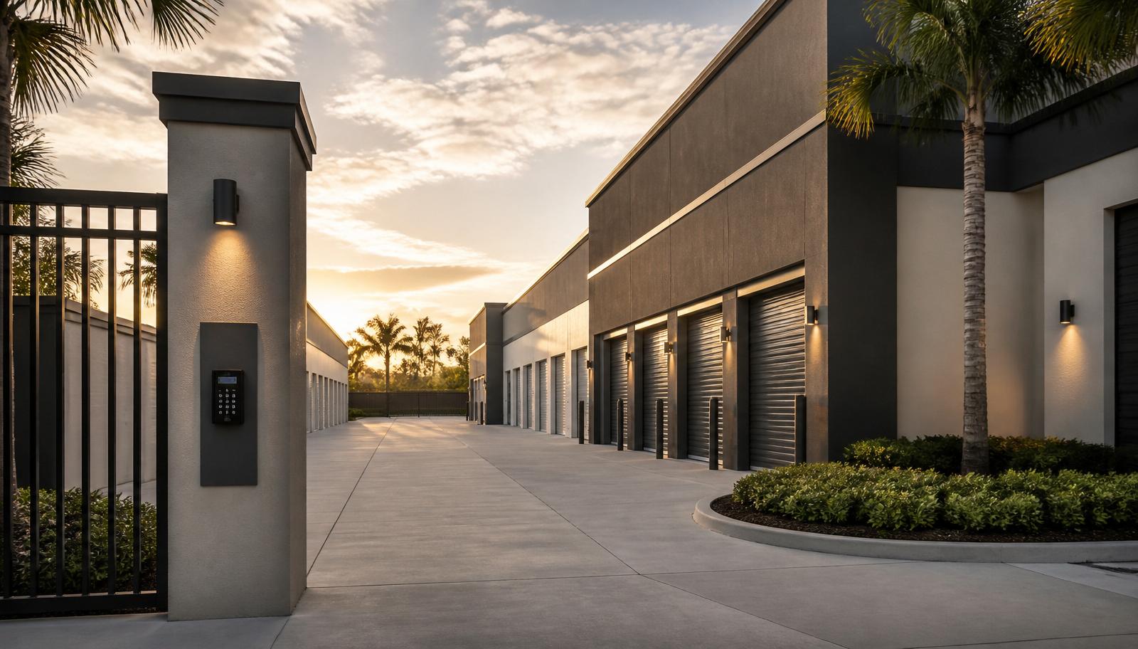 Exterior view of a modern climate-controlled self-storage facility in South Florida with secure access, clean concrete drive aisles, and institutional commercial real estate appeal.
