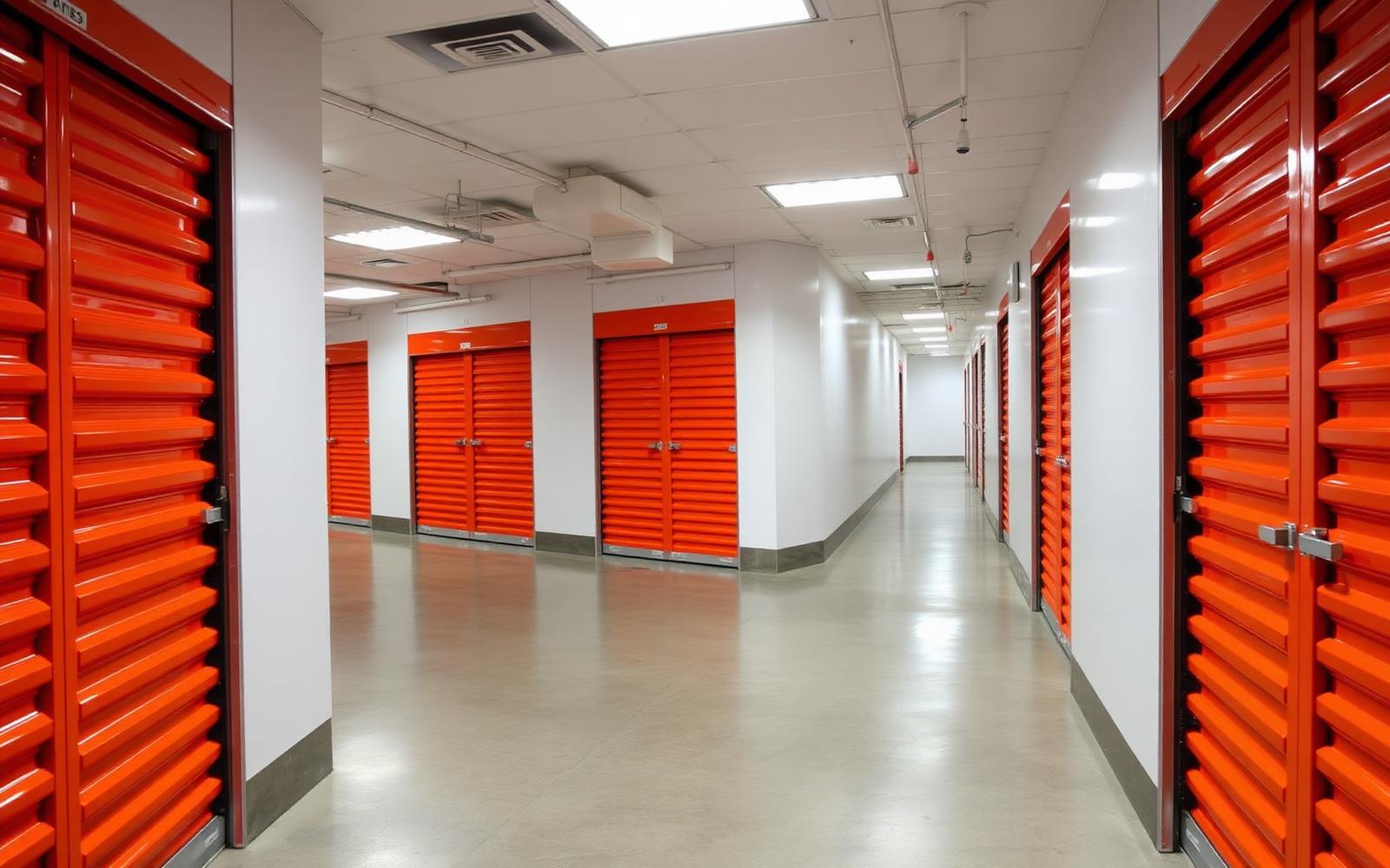 Interior hallway of a modern South Florida self-storage facility with rows of secure orange roll-up storage unit doors.