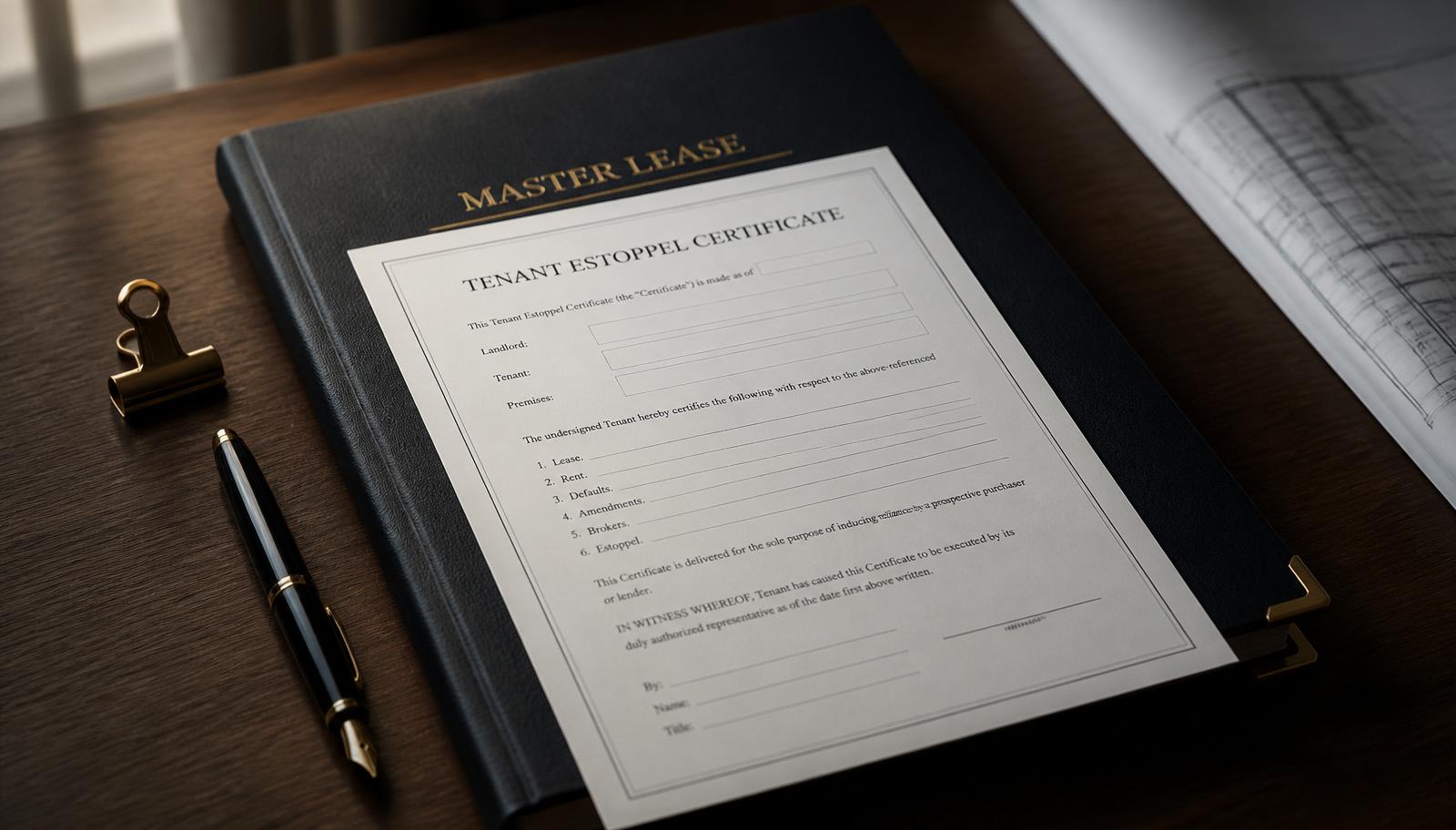 Signed commercial tenant estoppel certificate on a master lease folder beside a pen and architectural floor plan.