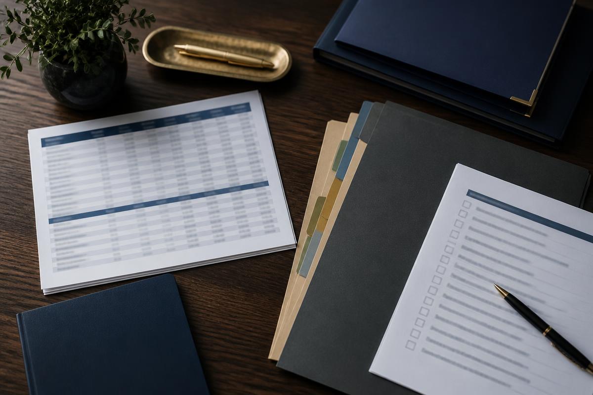 Commercial real estate due diligence files with a rent roll, lease folders, and tenant estoppel checklist.