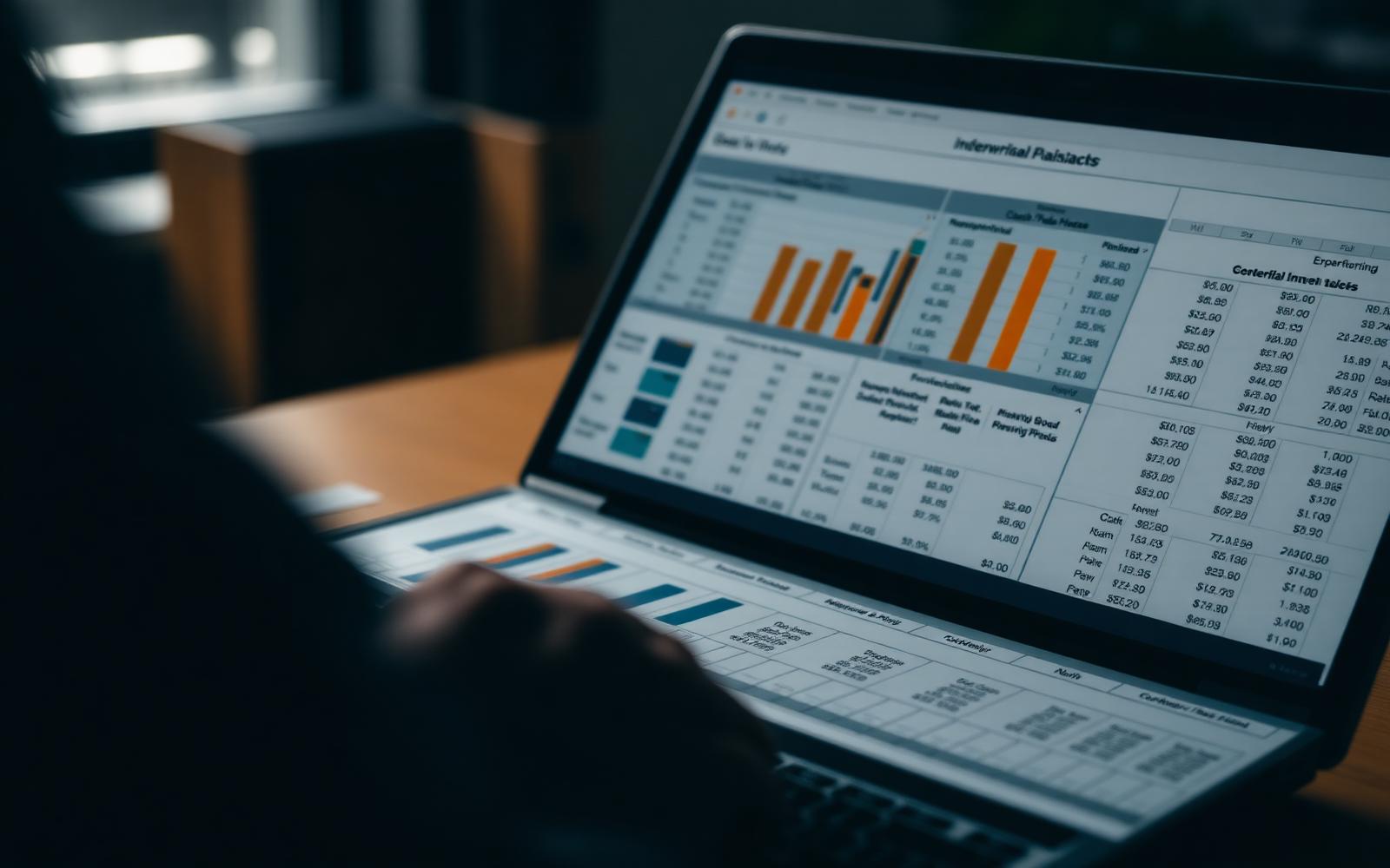 Analyst reviewing a commercial real estate underwriting model with cash flow tables and charts on a laptop.