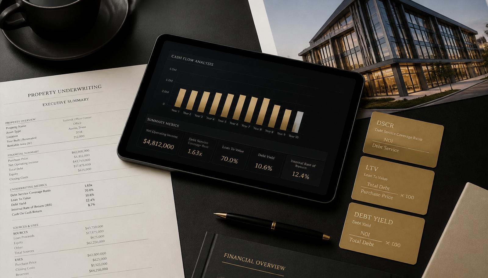 A sleek corporate financial dashboard displaying commercial real estate underwriting metrics including Debt Service Coverage Ratio, Loan-to-Value, and Debt Yield formulas.