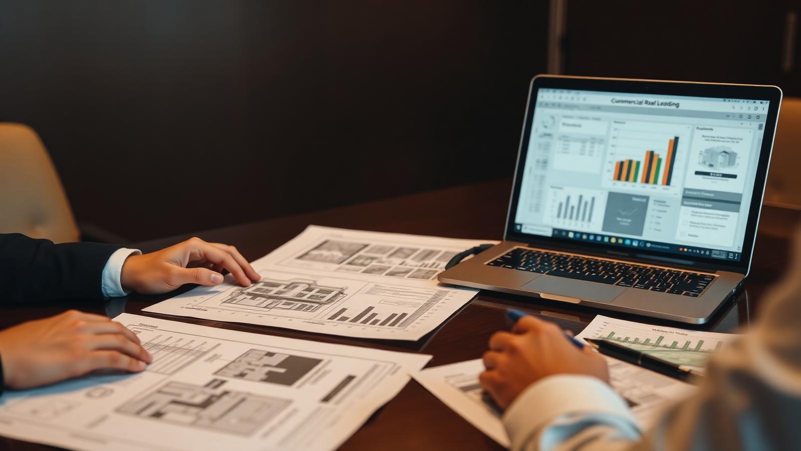 Commercial real estate private money lending team analyzing a loan package, LTV ratios, and property appraisal documents at a conference table.