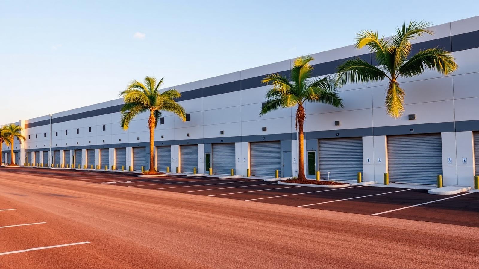 Exterior view of a clean, multi-tenant small-bay industrial warehouse facility in South Florida featuring grade-level roll-up doors and asphalt drive aisles.