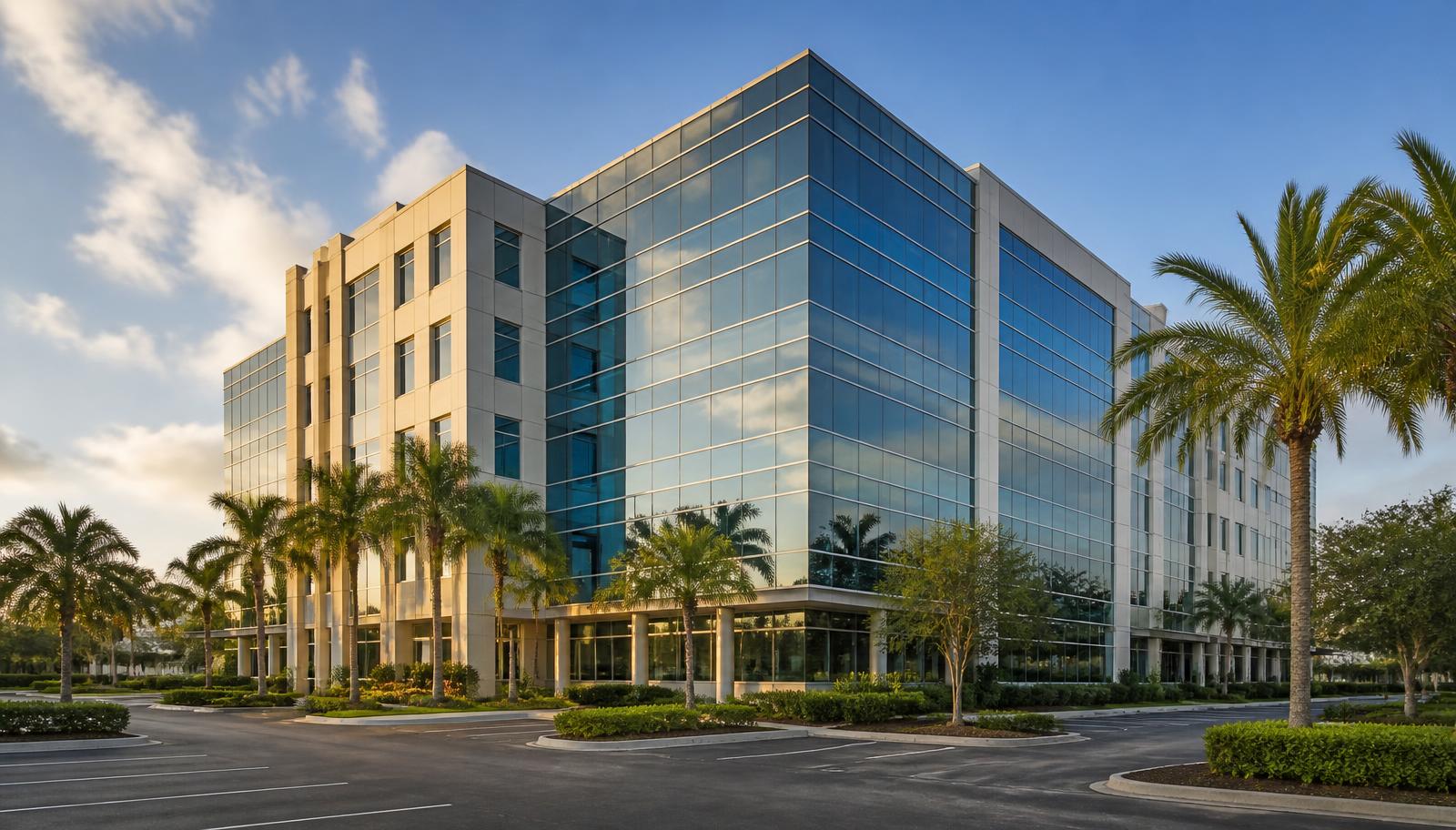 An exterior view of a South Florida mid rise commercial office building and suburban office park featuring glass facades and a large parking lot.