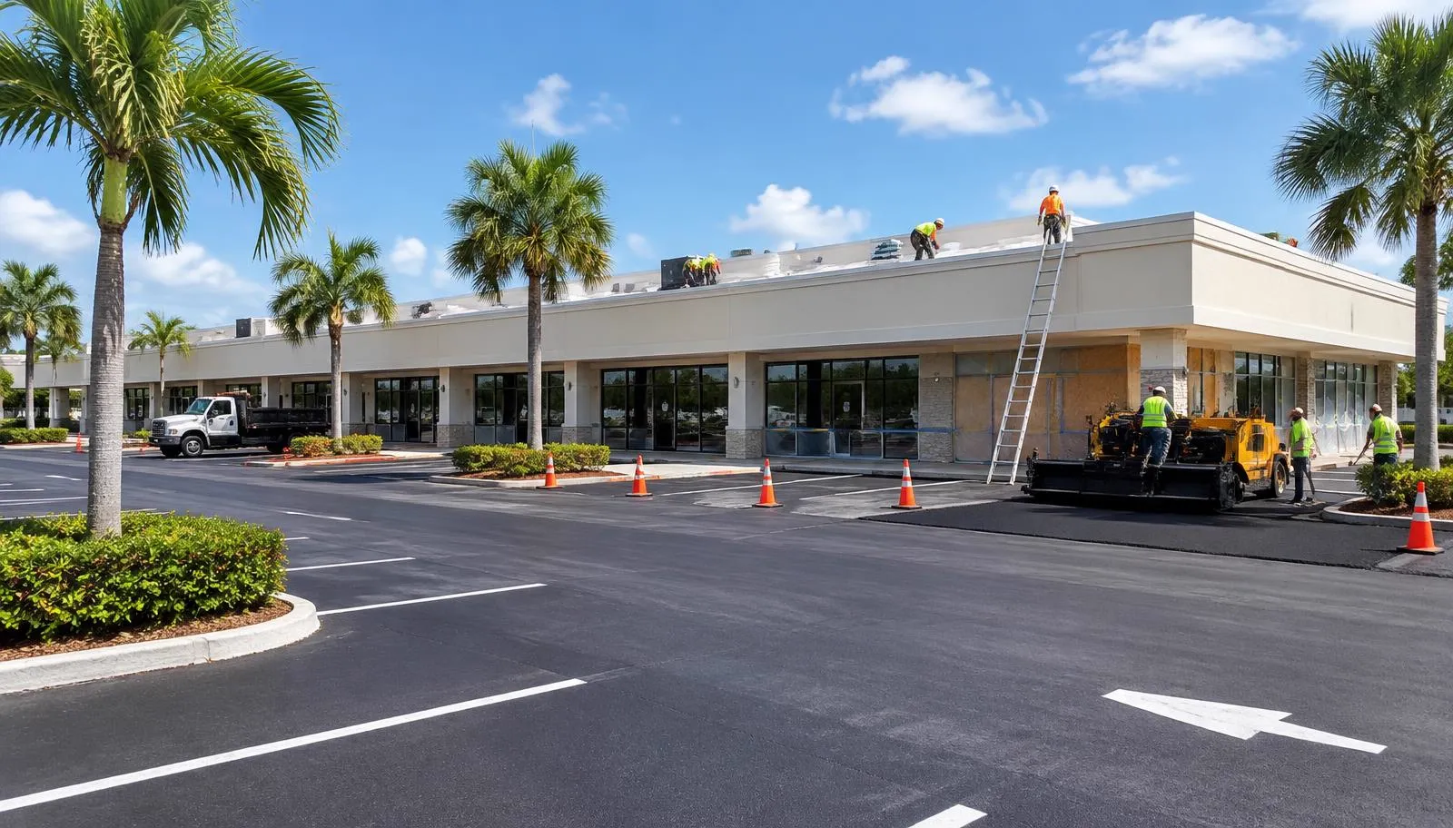 A distressed commercial retail plaza in South Florida undergoing parking lot and roof renovations funded by private bridge debt.