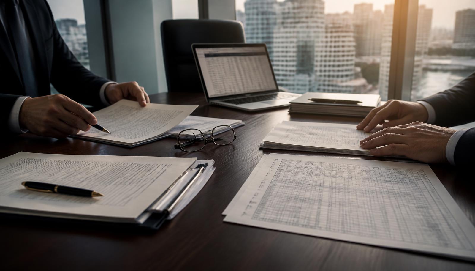A commercial real estate attorney and property manager reviewing a signed tenant estoppel certificate and SNDA document on a desk next to a property rent roll.